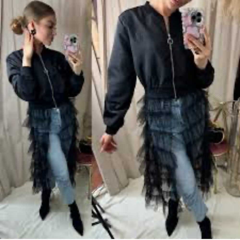 Zip up Long Bomber Jacket Tiered Mesh Black Tulle Layered Dress - Picture 10 of 10